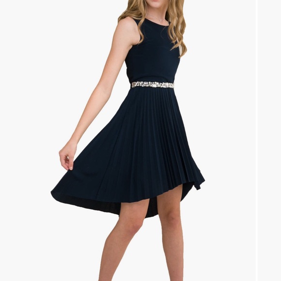 Navy hi Lo dress with pleated shirt and belt - Picture 1 of 9
